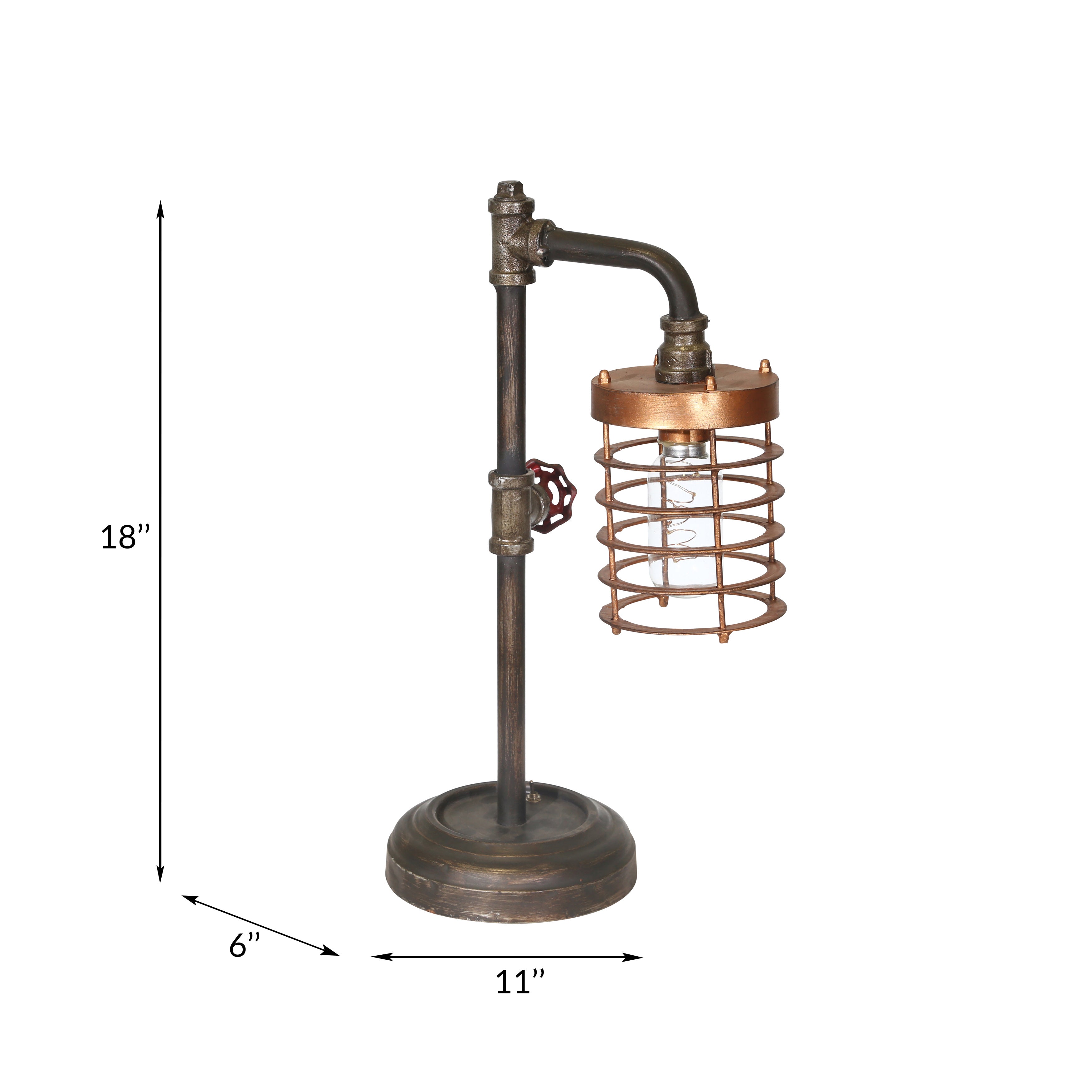 Sagebrook Home Industrial Style Metal Pipe Table Lamp, Bulb Included, Battery Operated, Black and Copper, 11 L x 6 W x 18 H Inches