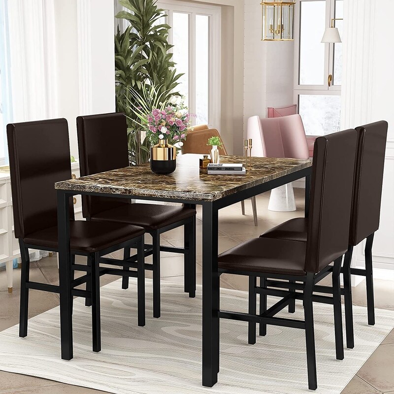 Mieres 5 Pieces Faux Marble Dining Table Set with 4 Upholstered PU Leather Chairs