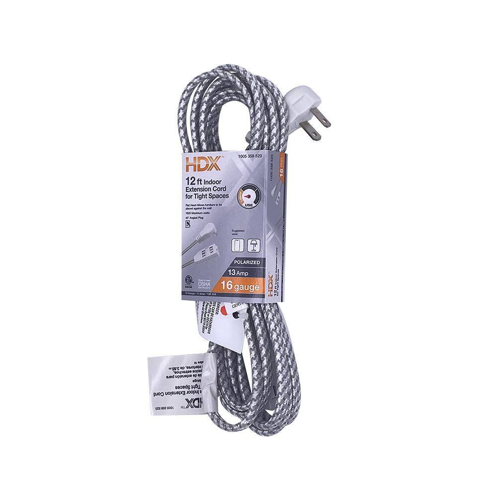 HDX 12 ft. 162 Light Duty Indoor Braided Tight Space Extension Cord GreyWhite FSEX60