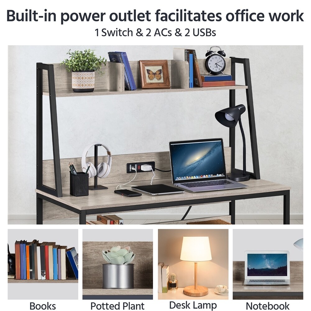 Yaheetech 47.5 inch Home Office Computer Desk with Power Outlet and Elevated Bookshelf