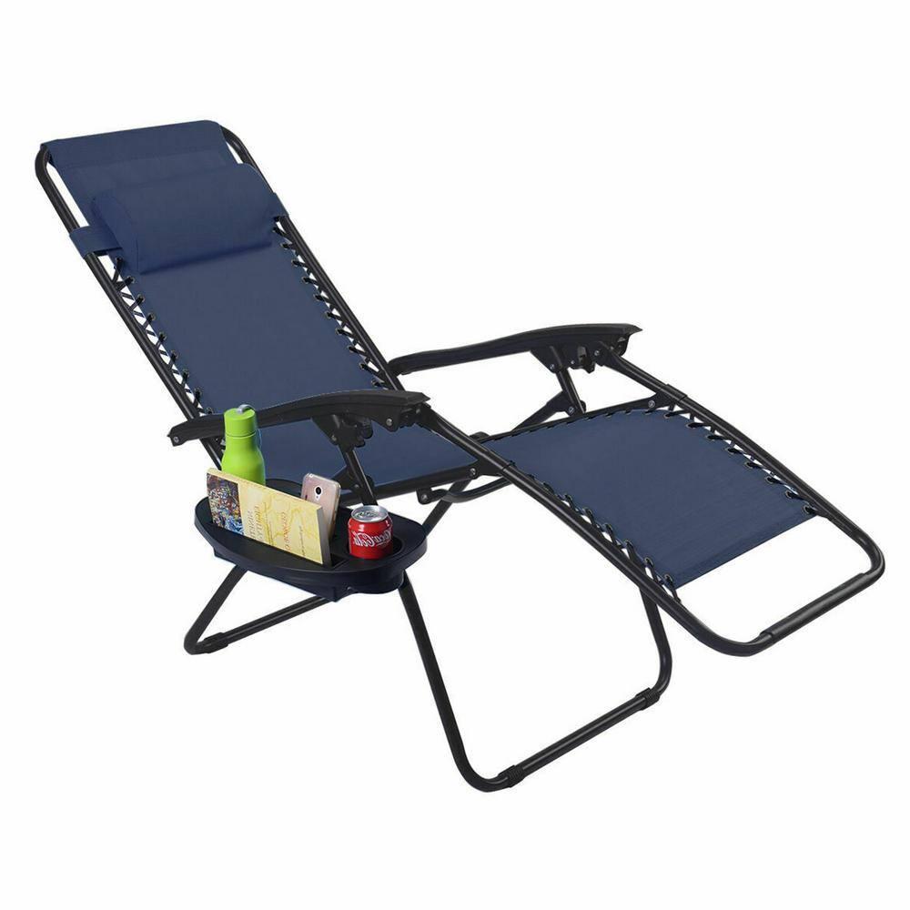 ANGELES HOME Navy Metal Folding and Reclining Zero Gravity Lawn Chair with Tray