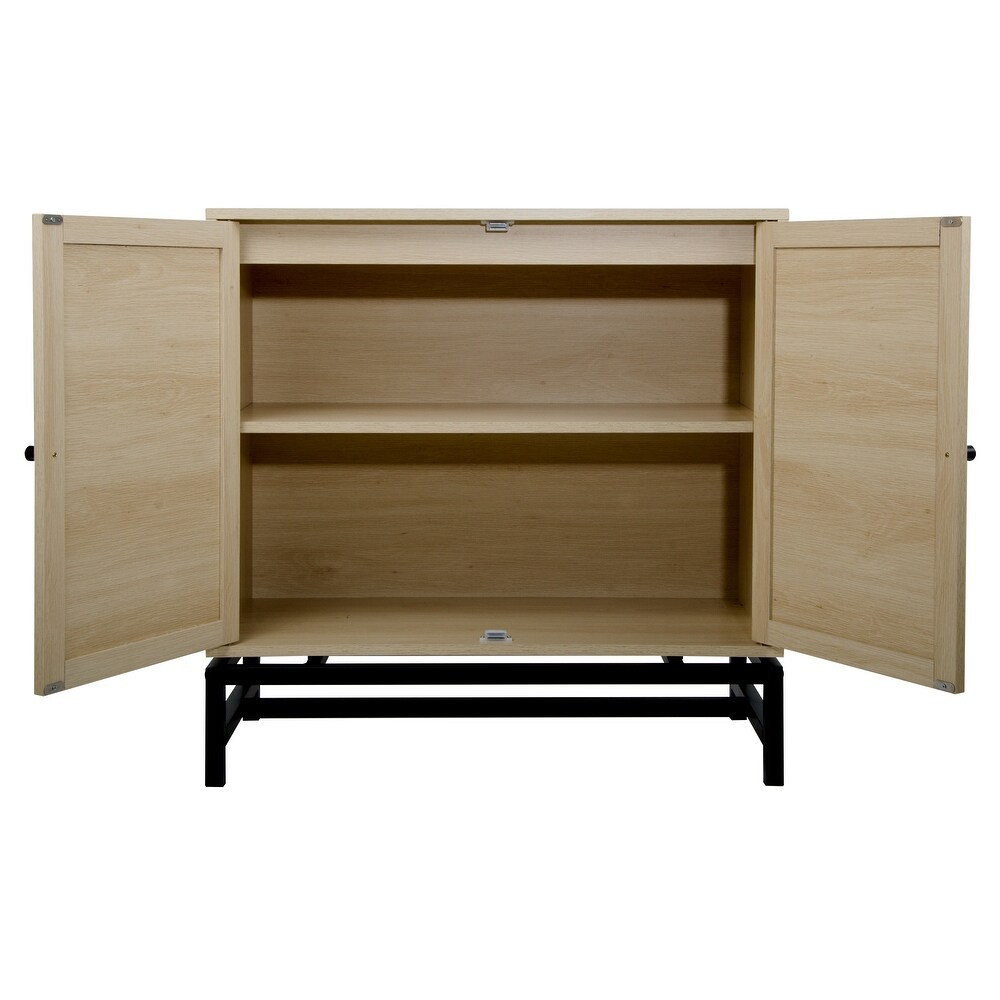 Set of 2 Natural Rattan 2 Door Accent Cabinet with 1 Adjustable Inner Shelves