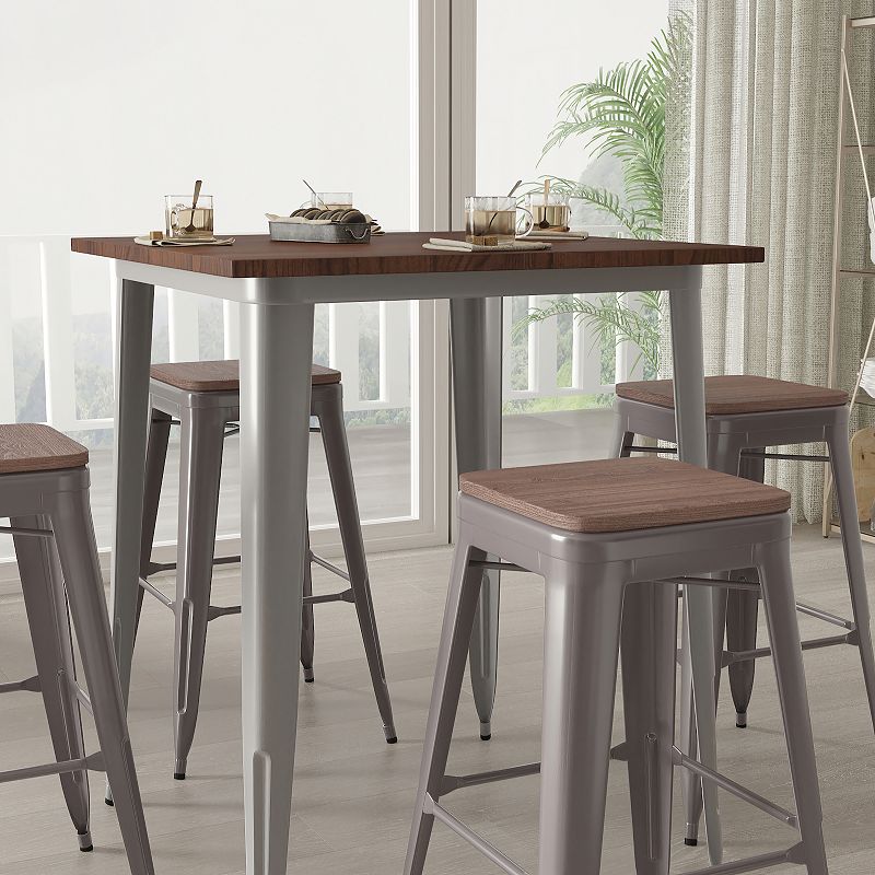 Merrick Lane Set of 4 Hamburg 30 Inch Tall Clear Coated Metal Bar Counter Stool With Textured Elm Wood Seat