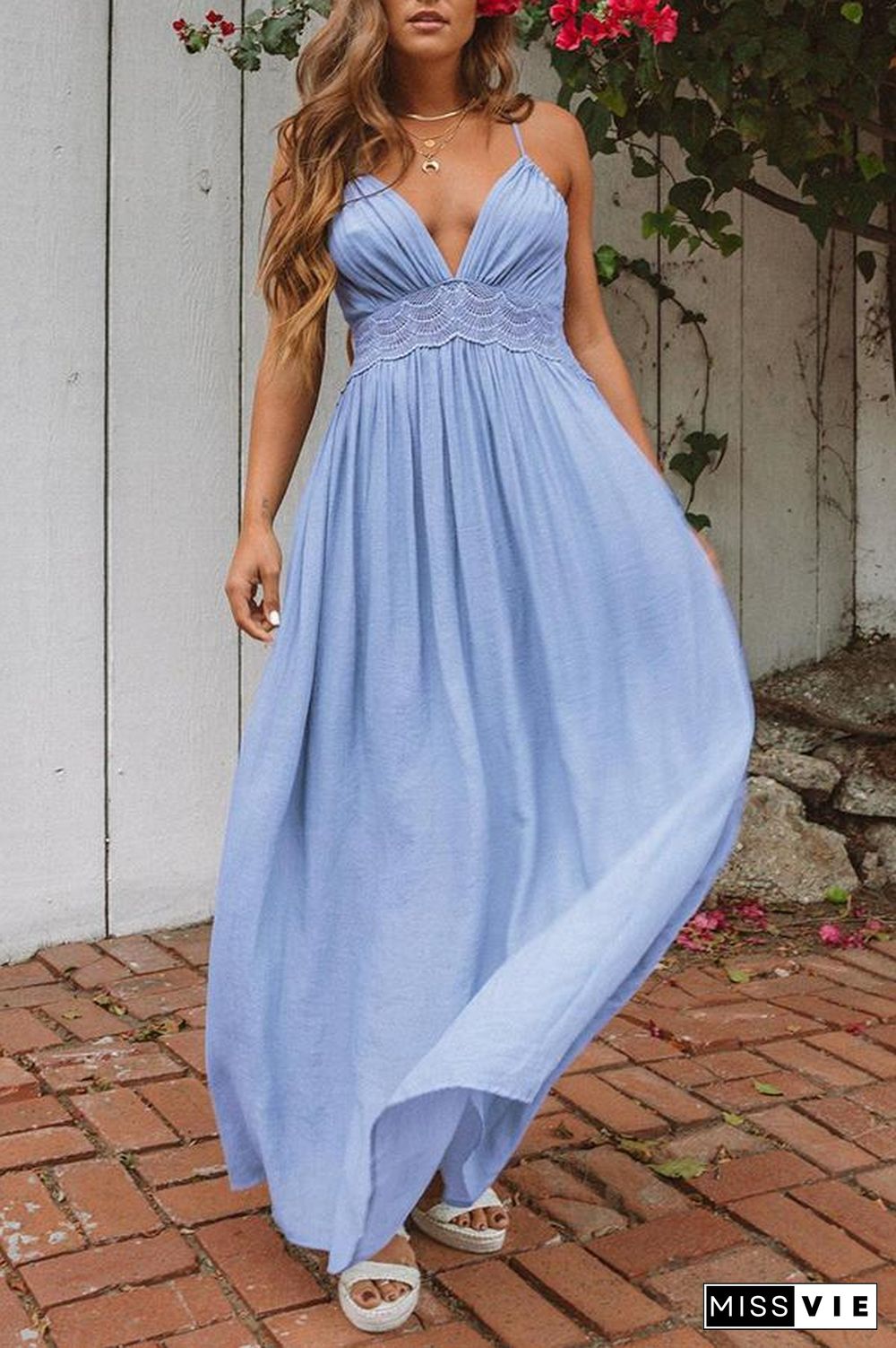 V Neck Spaghetti Straps Lace Panel Maxi Dress