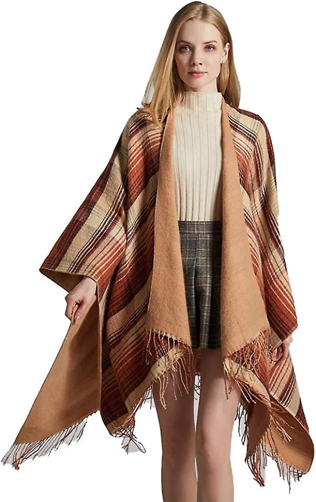 Women's Tassel Plaid Poncho Pashmina Shawl Wrap Cape Sweater Khaki -