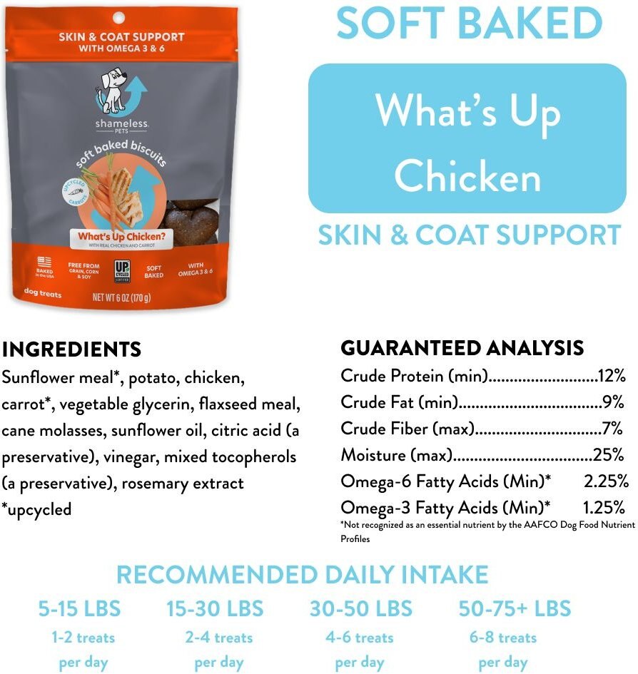 Shameless Pets Soft Baked What’s Up Chicken? Flavor Grain-Free Dog Treat， 6-oz bag