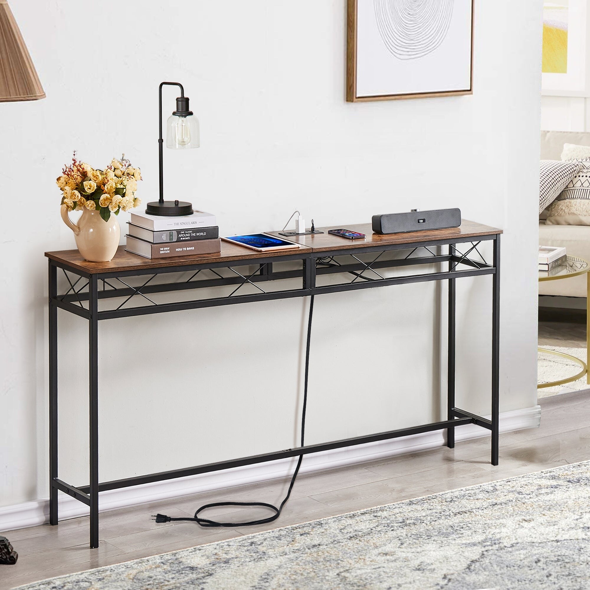 VECELO Industrial Rectangular Wood Console Table with AC Power and USB Charging Ports