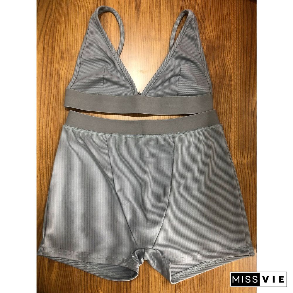 Casual Fitness Solid Color Sexy Backless Deep V Gym Bra Crop Top Shorts Bodycon Two Piece Outfits