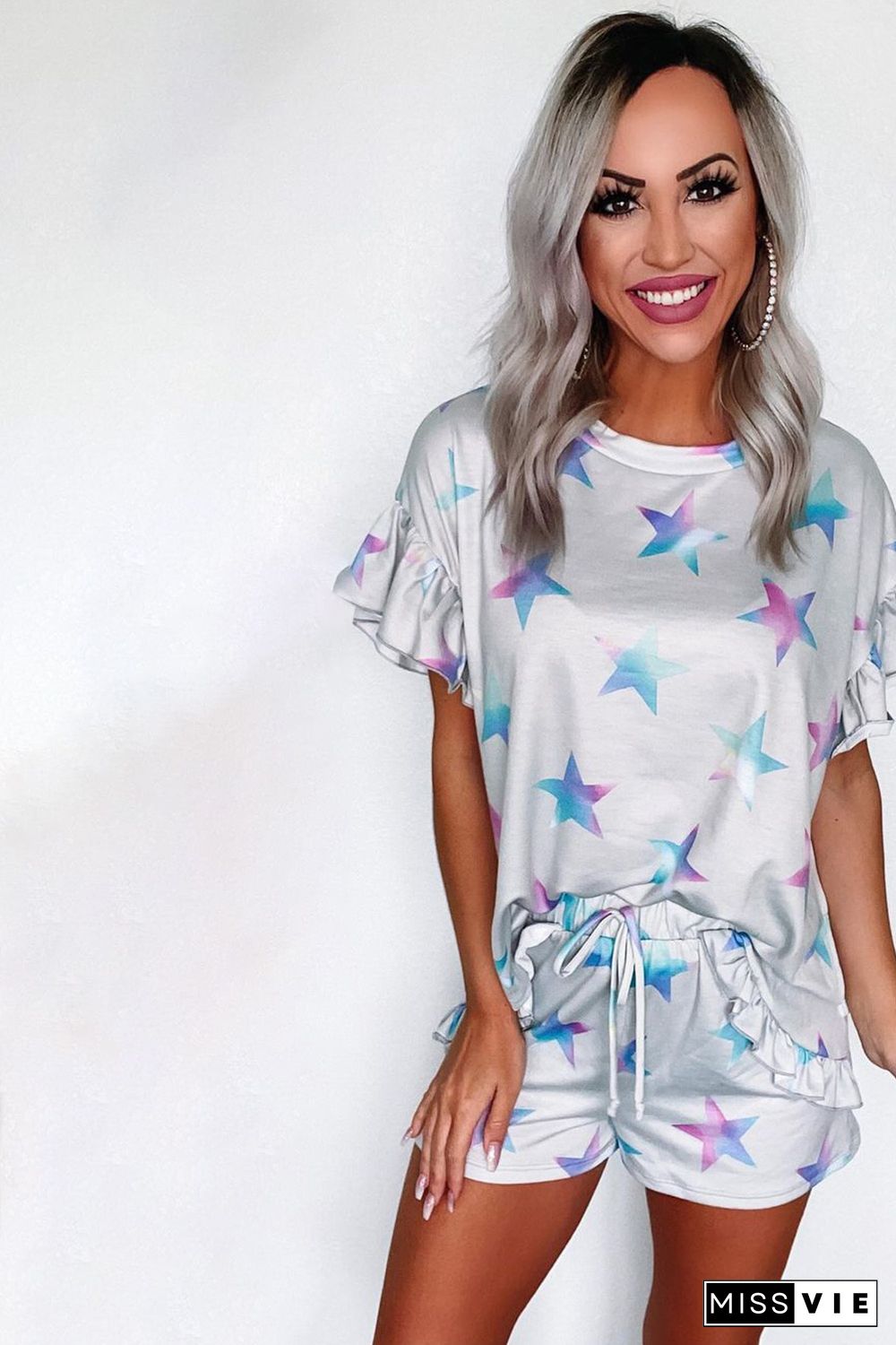 Gray Star Print Ruffled Short Sleeve Tee and Drawstring Shorts Lounge Sets