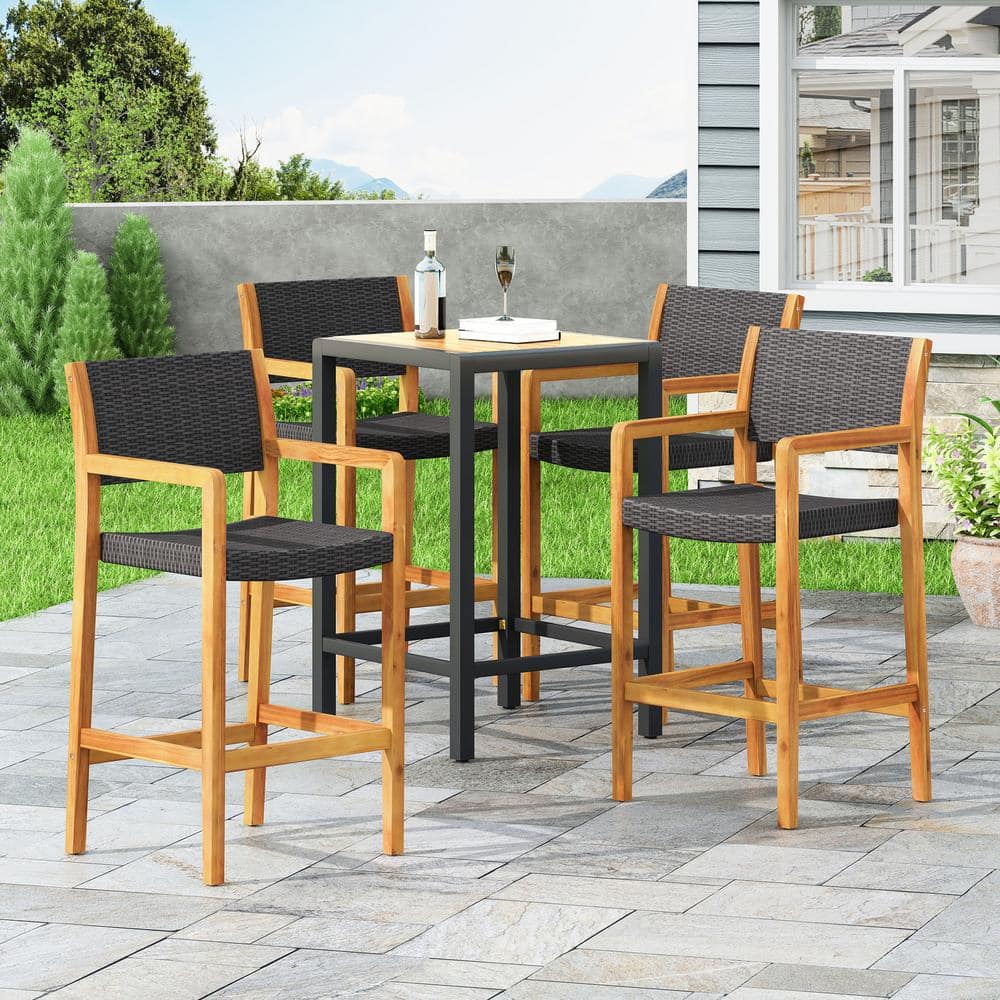 Noble House Genesee Teak Brown Wood Outdoor Bar Stool in Black Faux Wicker Seat (4-Pack) 82962