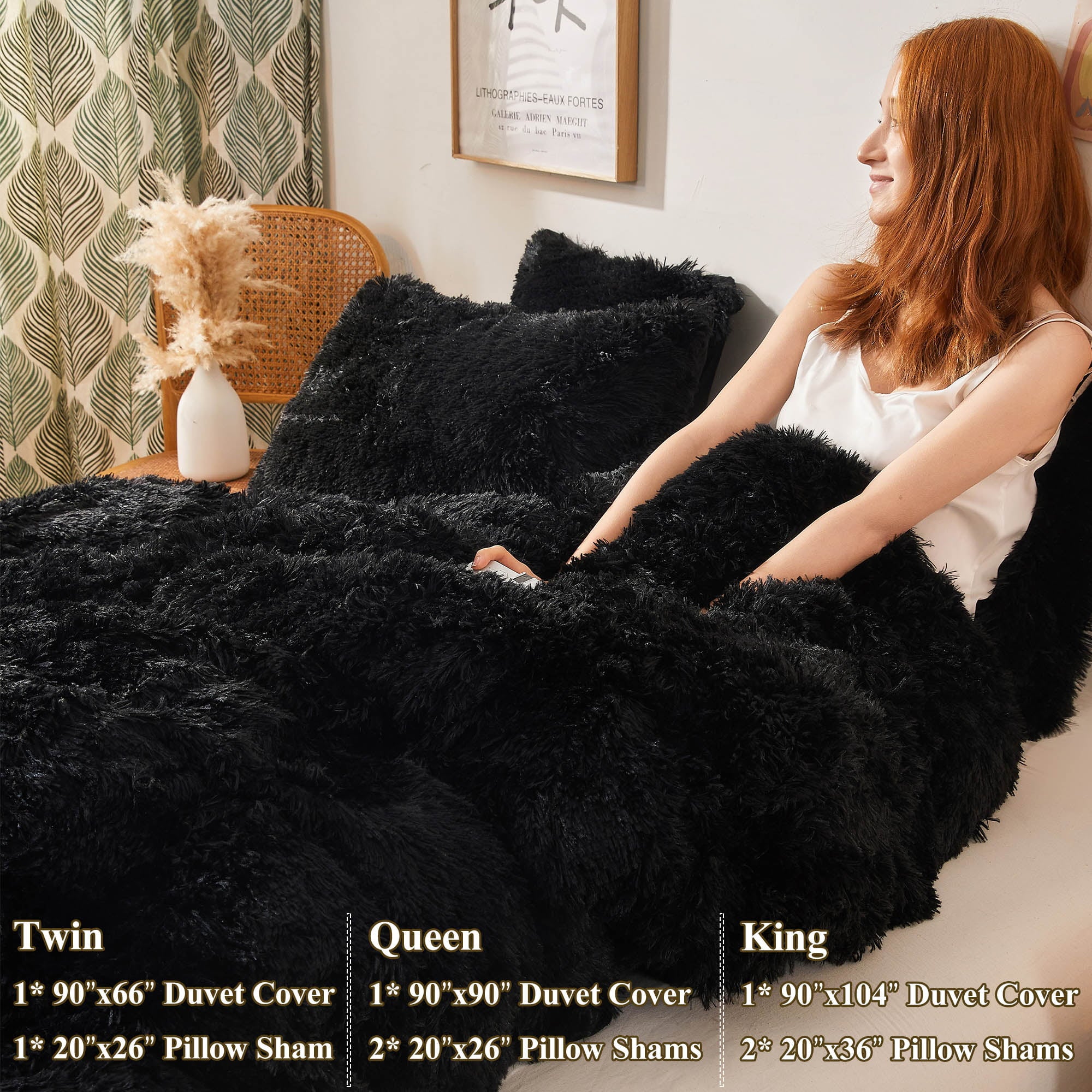 XeGe 3 Pieces Furry Plush Duvet Cover Set， Black Faux Fur Comforter Cover Set， Luxury Soft Velvet Fuzzy Fluffy Bedding Set， Shaggy Duvet Cover with 2 Pillow Covers， Zipper Closure， Queen Size， Black