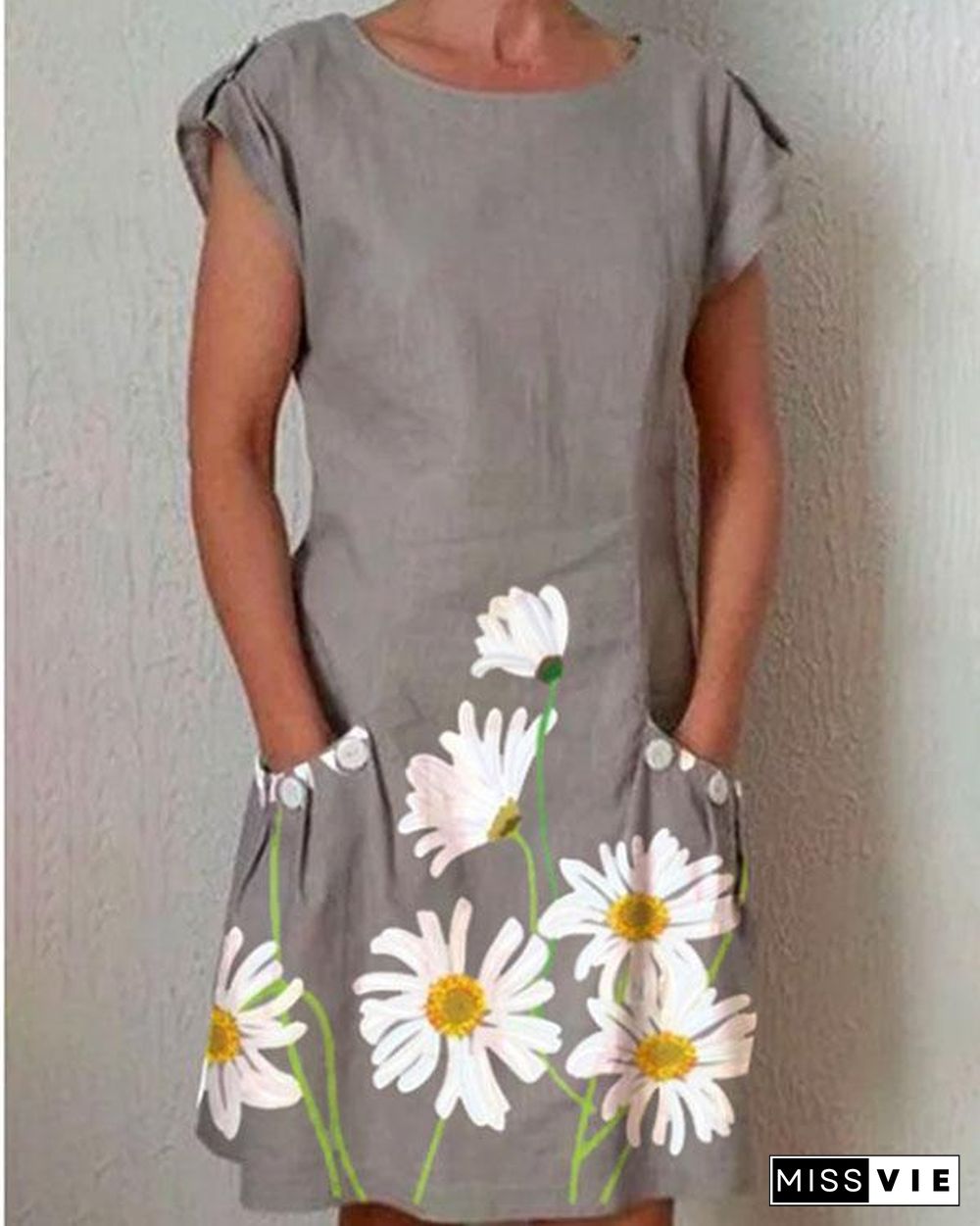 Gray Short Sleeve Floral-Print Dresses