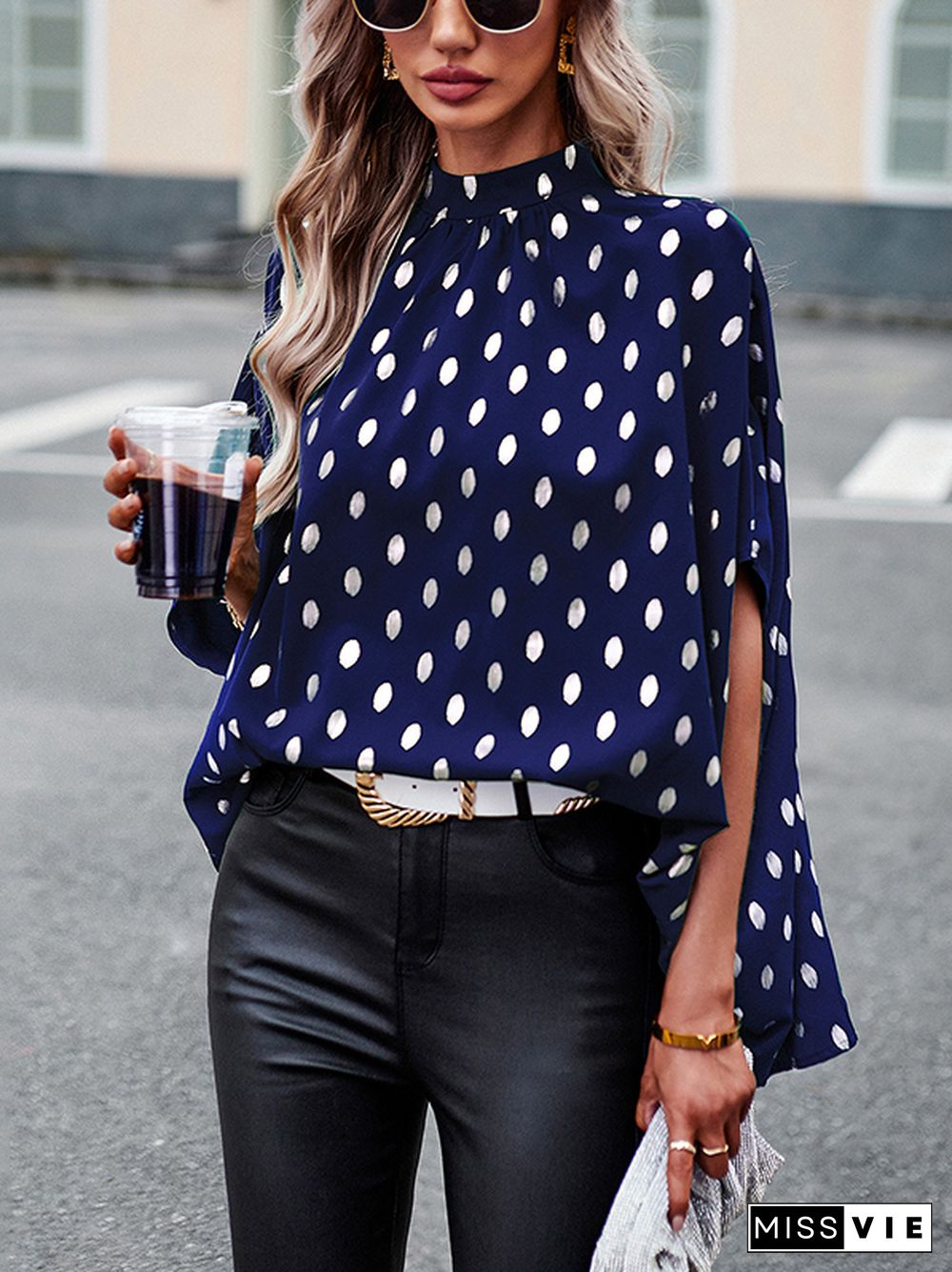 Loose Bandage Polka Dot Round-Neck Blouses&Shirts Tops