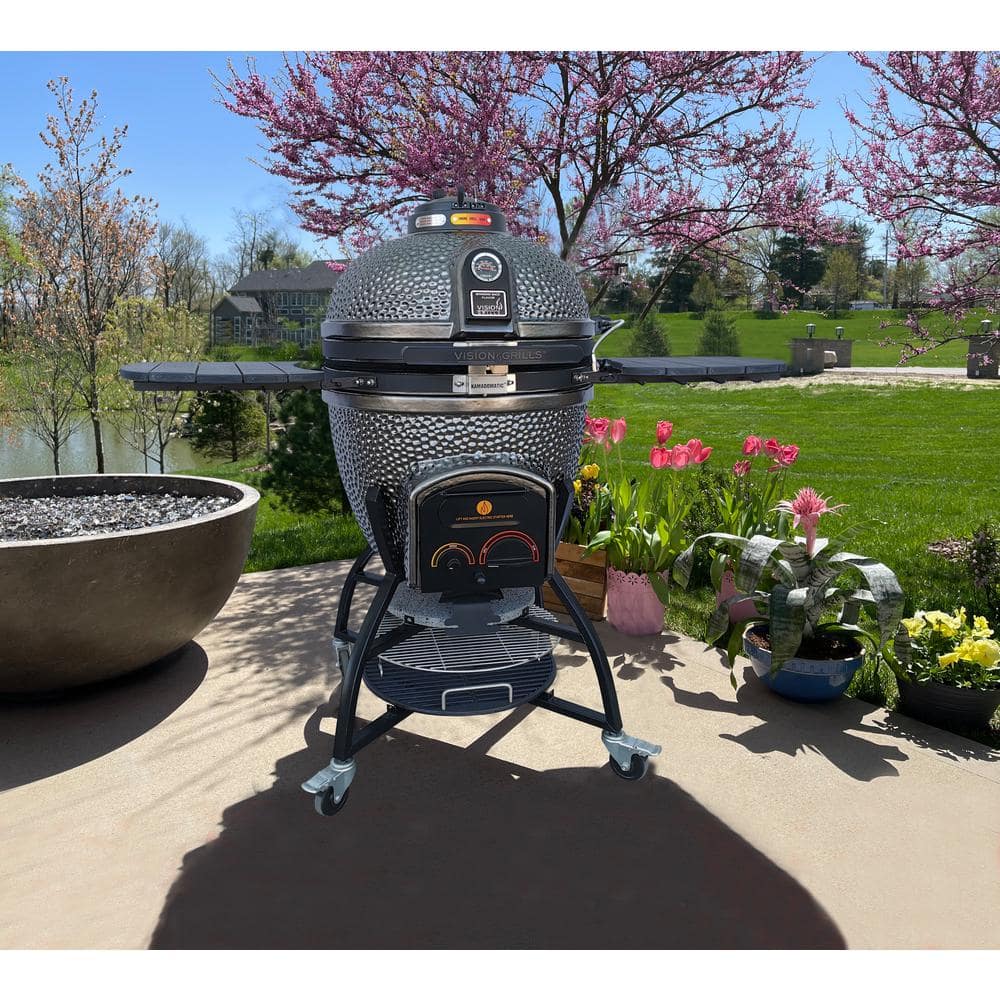 Vision Grills 22 in. Kamado XD402 Ceramic Charcoal Grill in Metallic Grey with Cover, Storage Cart, Shelves, Lava Stone, Ash Drawer XD-402MG