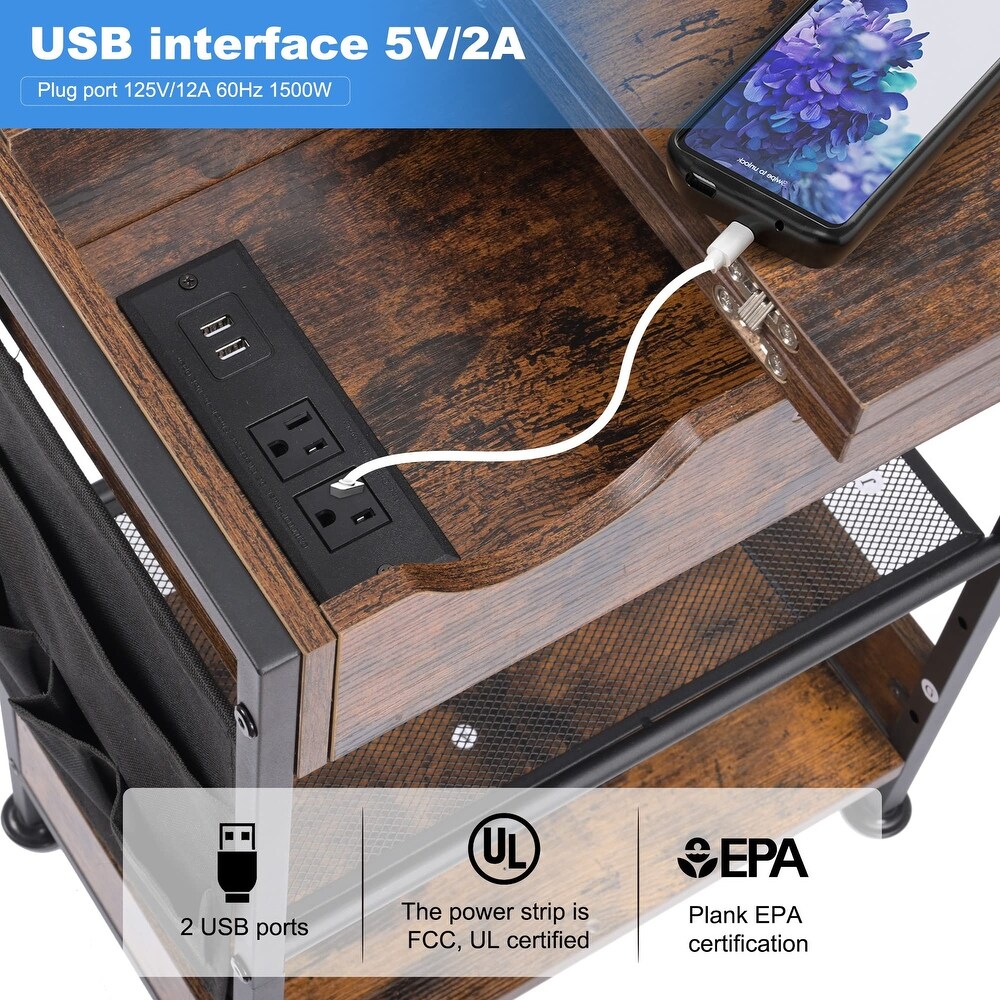 3 Tier End Table with Charging Station  Flip Top Side Table with USB Ports and Outlets for Small Spaces  Nightstand