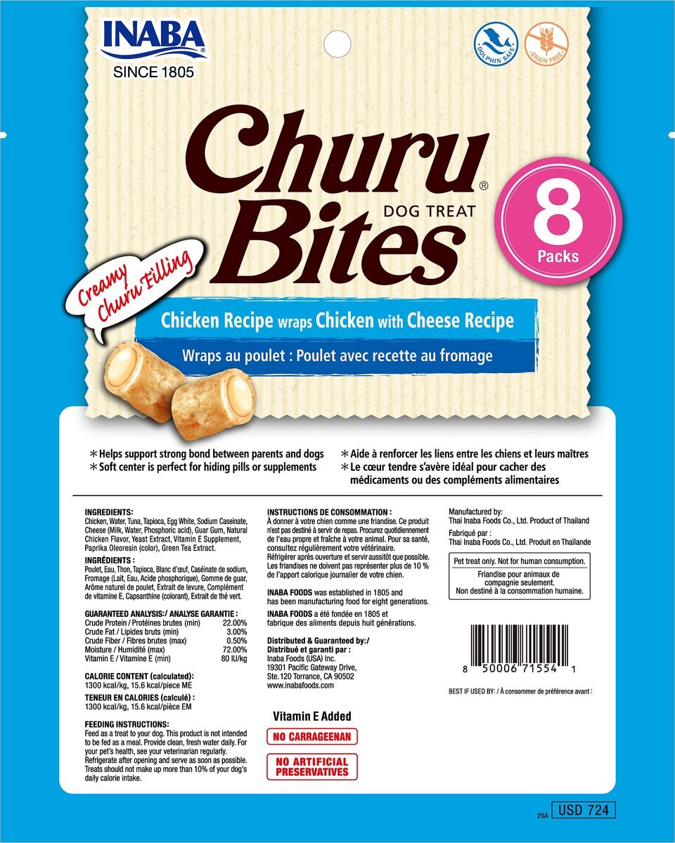 Inaba Churu Bites Wraps Chicken with Cheese Recipe Grain-Free Soft and Chewy Dog Treats， 0.42-oz， pack of 8