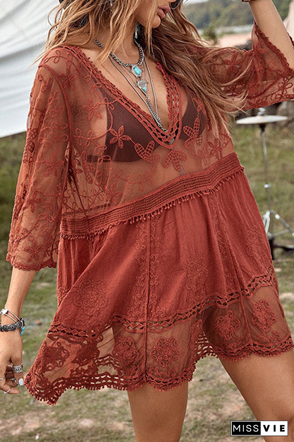 Lace Embroidered Patchwork V Neck Cover up