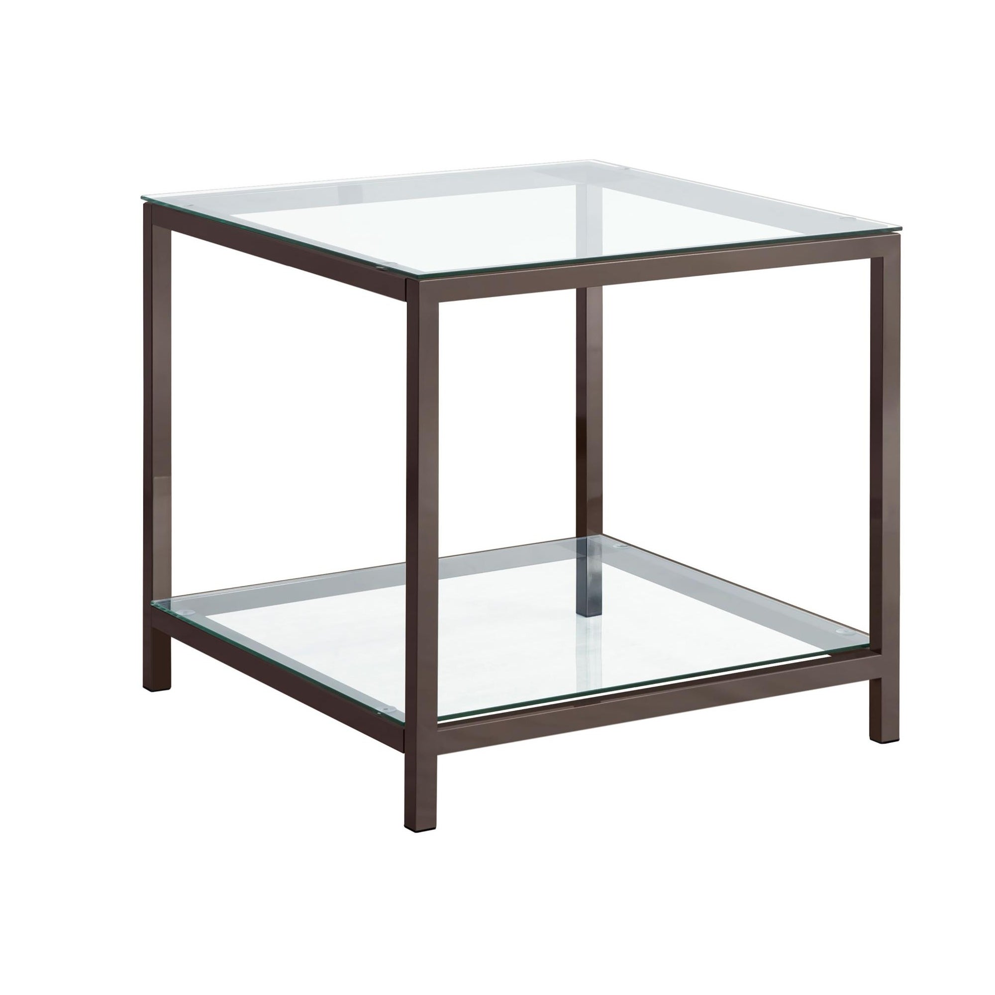 Glass Top End Table with Metal Frame and Open Shelf， Nickel