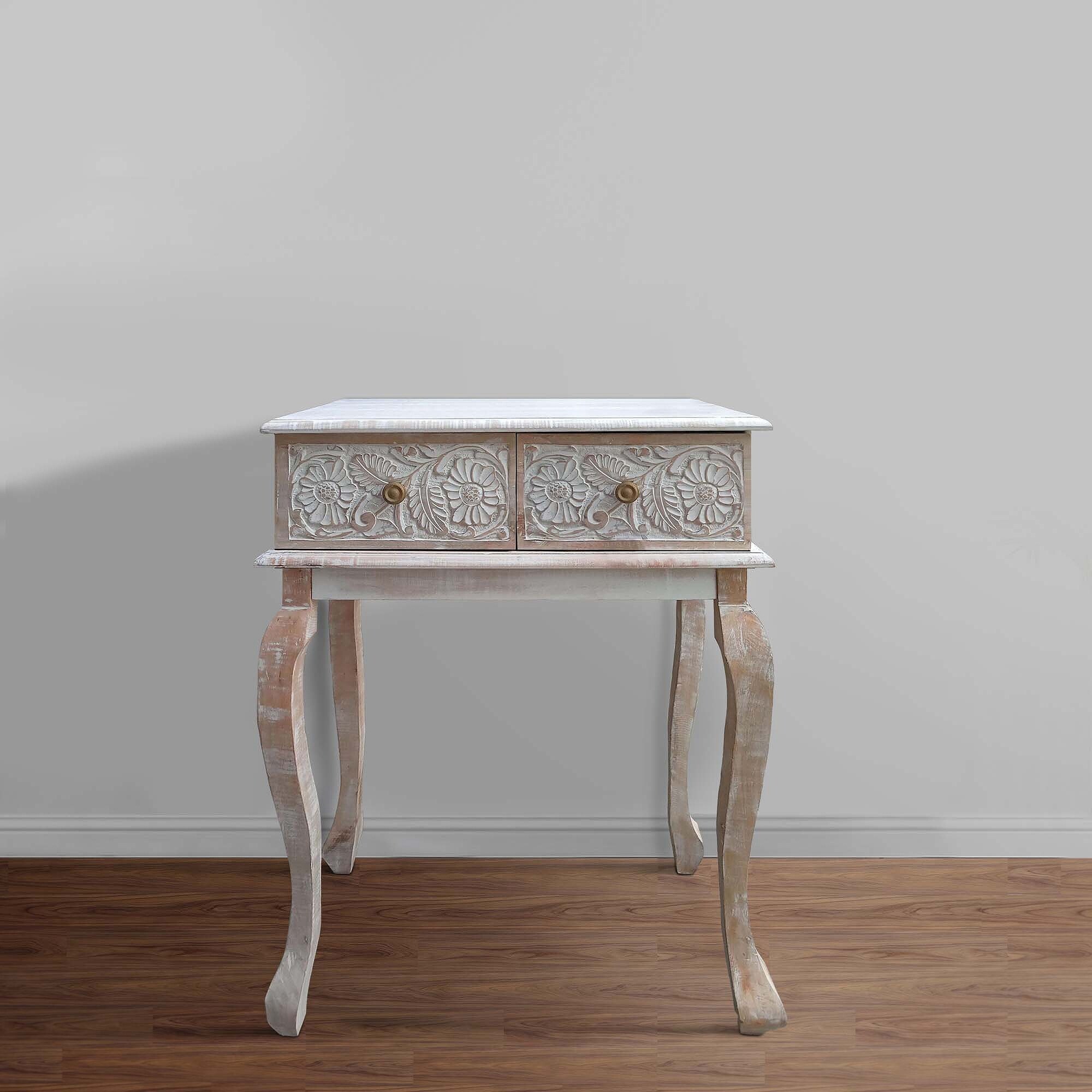 2 Drawer Mango Wood Console Table with Floral Carved Front， Brown and White