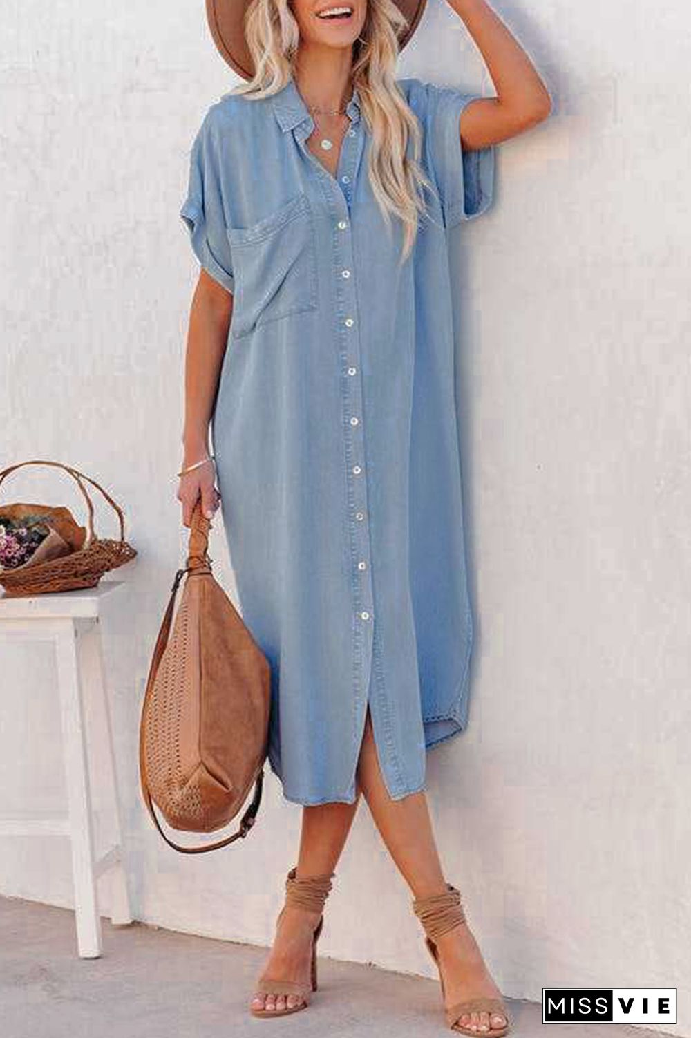 Casual Solid Patchwork Turndown Collar Straight Dresses