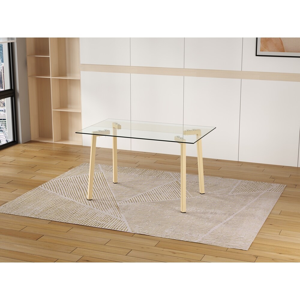 Rectangular Glass Dining Table with Glass Tabletop and Metal Legs