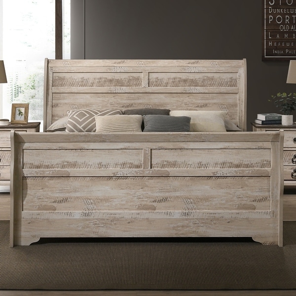 Roundhill Furniture Imerland Contemporary White Wash Finish Bedroom Set with Sleigh Bed， Dresser， Mirror， Two Nightstands - - 32524438