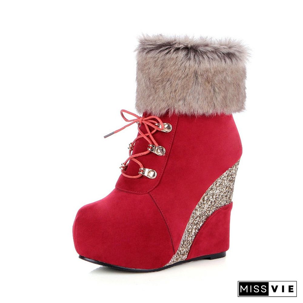 New Sexy Winter Boots Wedges Shoes Ankle Boots Women Warm Boots Lace Up Platform High Heels Snow Boots Shoes Woman