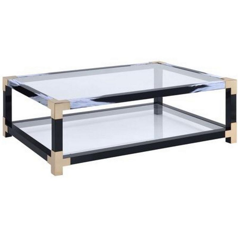 Rectangular Metal Coffee Table with Glass Top and Shelf， Black