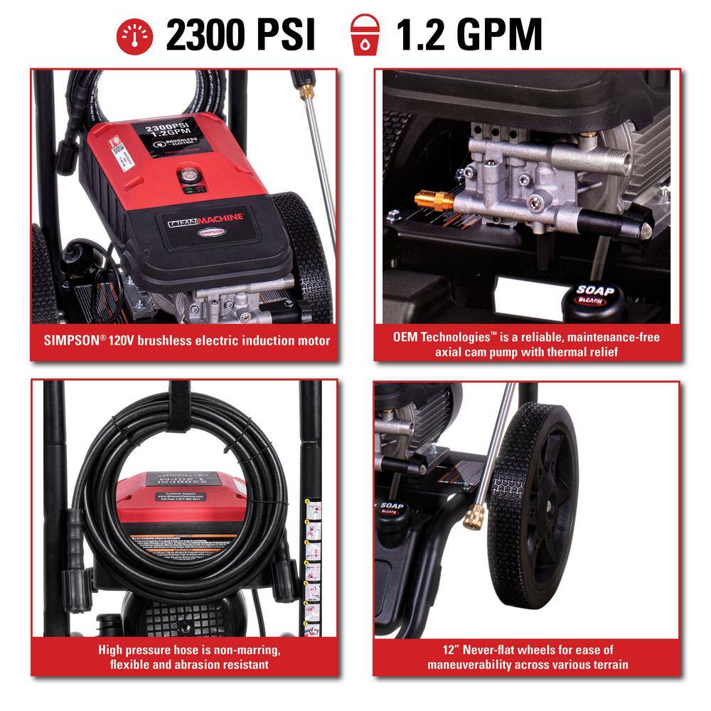 SIMPSON Clean Machine 2300 PSI 1.2 GPM Electric Cold Water Pressure Washer with Hassle-Free Brushless Electric Motor CM60976-S