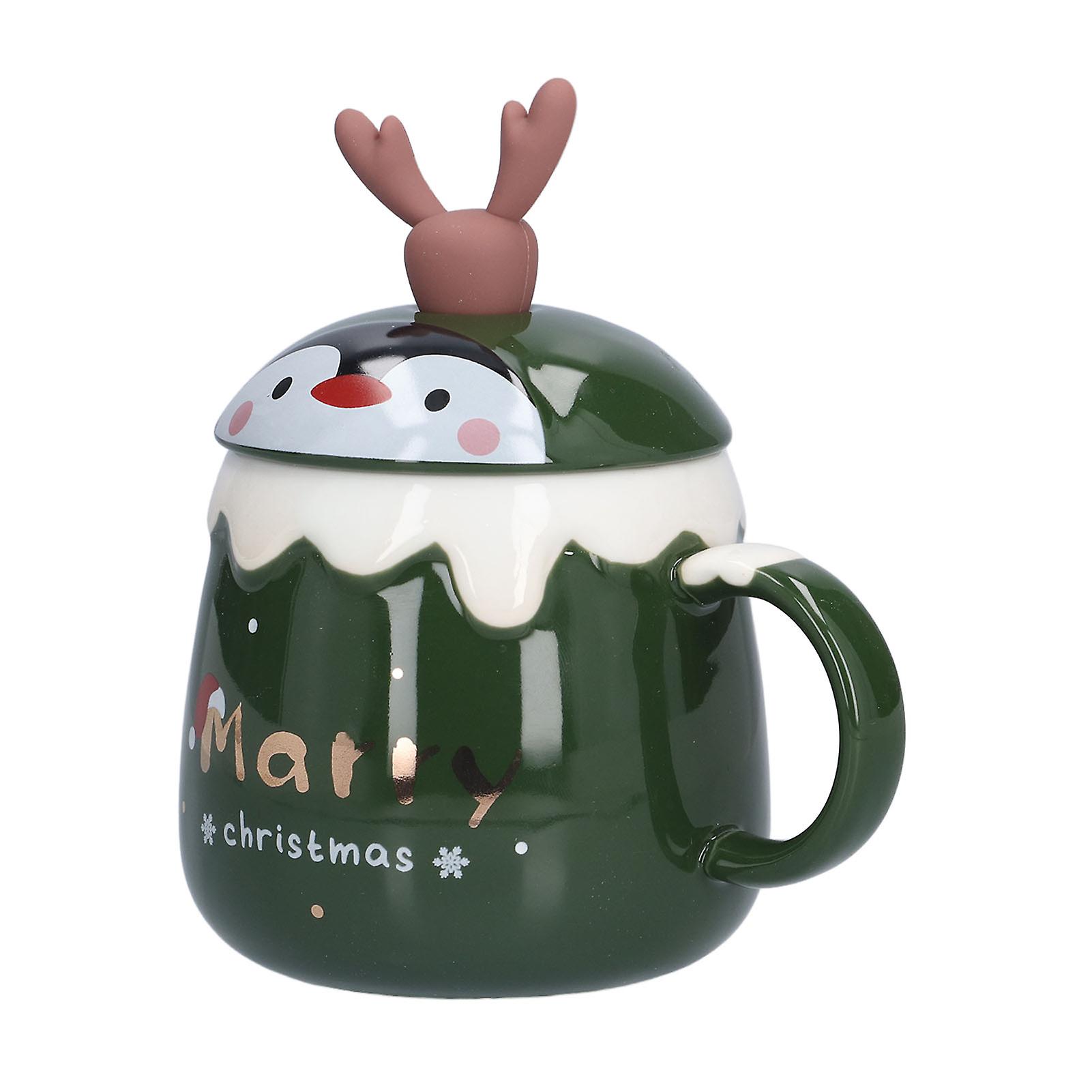 450ml Christmas Cup Cute Elk Coffee Mug Ceramic Tea Milk Cup with Lid Spoon for OfficeType B Green