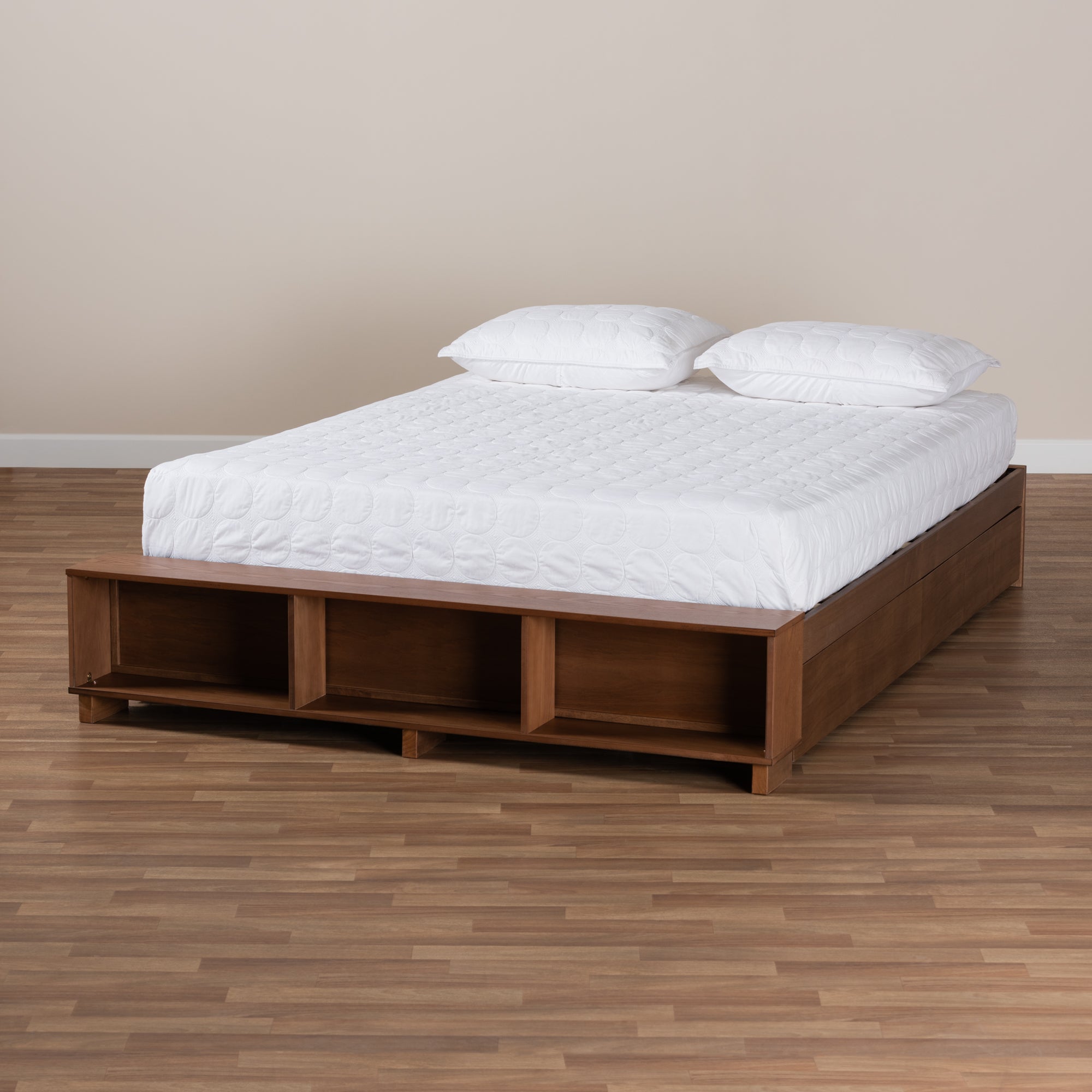 Baxton Studio Arthur Modern Rustic Ash Walnut Brown Finished Wood Full Size Platform Bed with Built-In Shelves