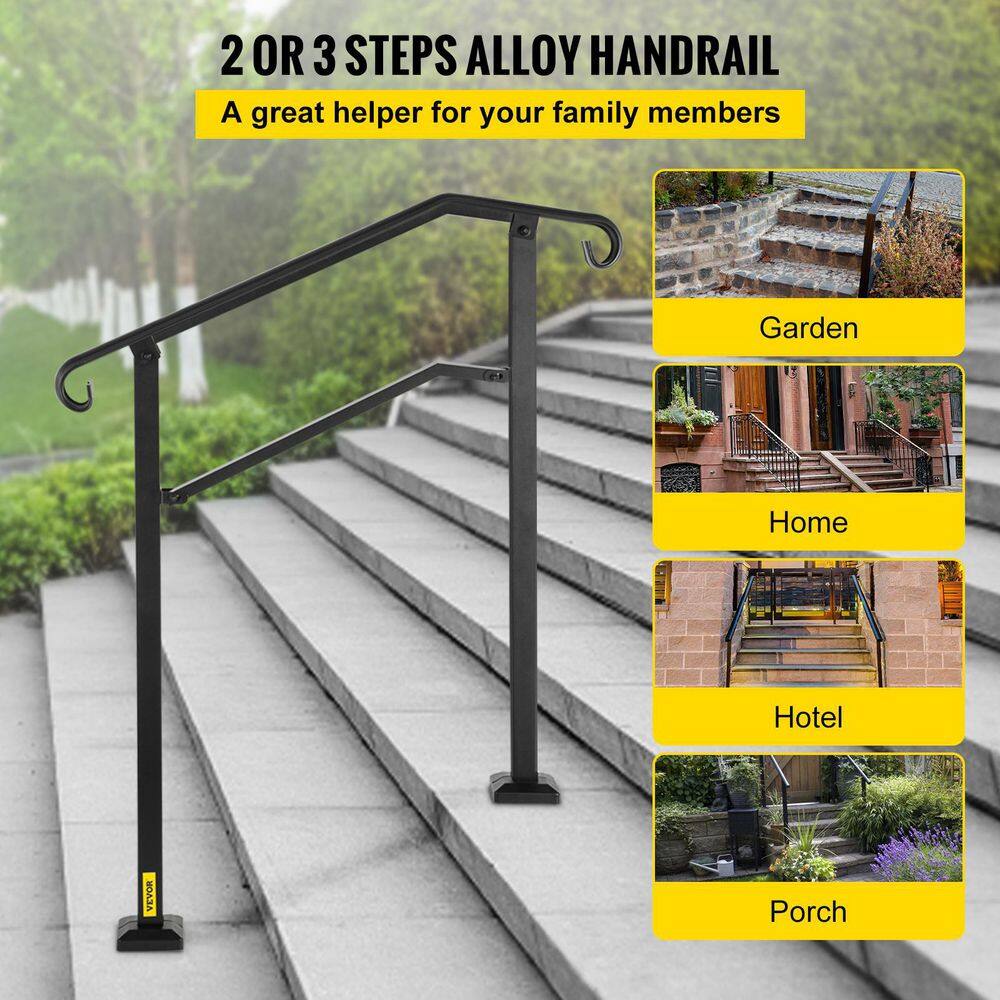 VEVOR Outdoor Stair Railing Fit 2 or 3 Steps Alloy Metal Handrailing Front Porch Wrought Iron Handrail in Black LZFSGMLGBHSB334ISV0