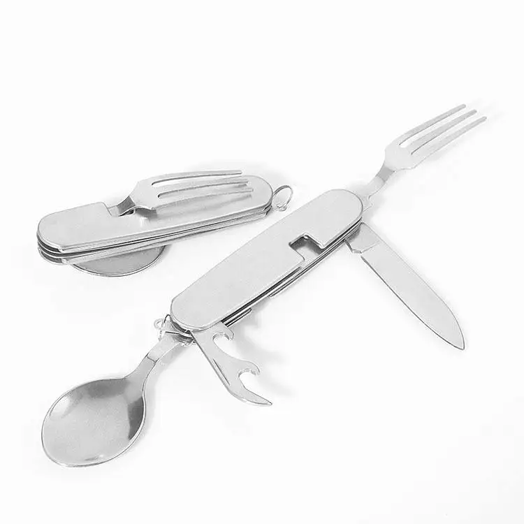 Multifunction 4 in 1 Stainless Steel Detachable Camping Flateware set  Folding Travel Pocket Cutlery Utensil Spoon Knife Opener