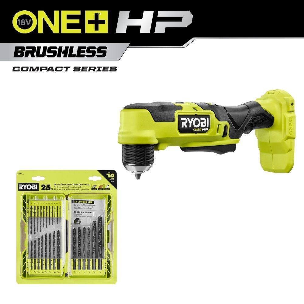 RYOBI ONE+ HP 18V Brushless Cordless Compact 38 in. Right Angle Drill (Tool Only) w 25-Piece Black Oxide Drill Bit Set PSBRA02B-A972501