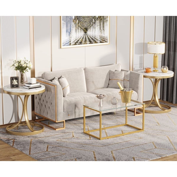 White/ Gold Modern Round End Side accent Table with Faux Marble Top， C Shaped Gold Legs Entryway Tables