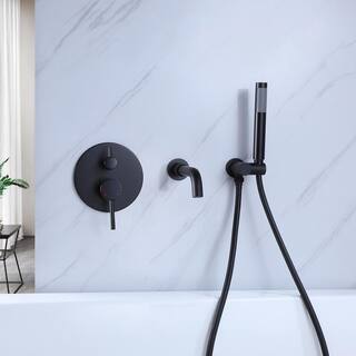 FLG Double-Handle Wall-Mount Roman Tub Faucet with Hand Shower Brass Bathtub Filler in Matte Black KK-0040-MB