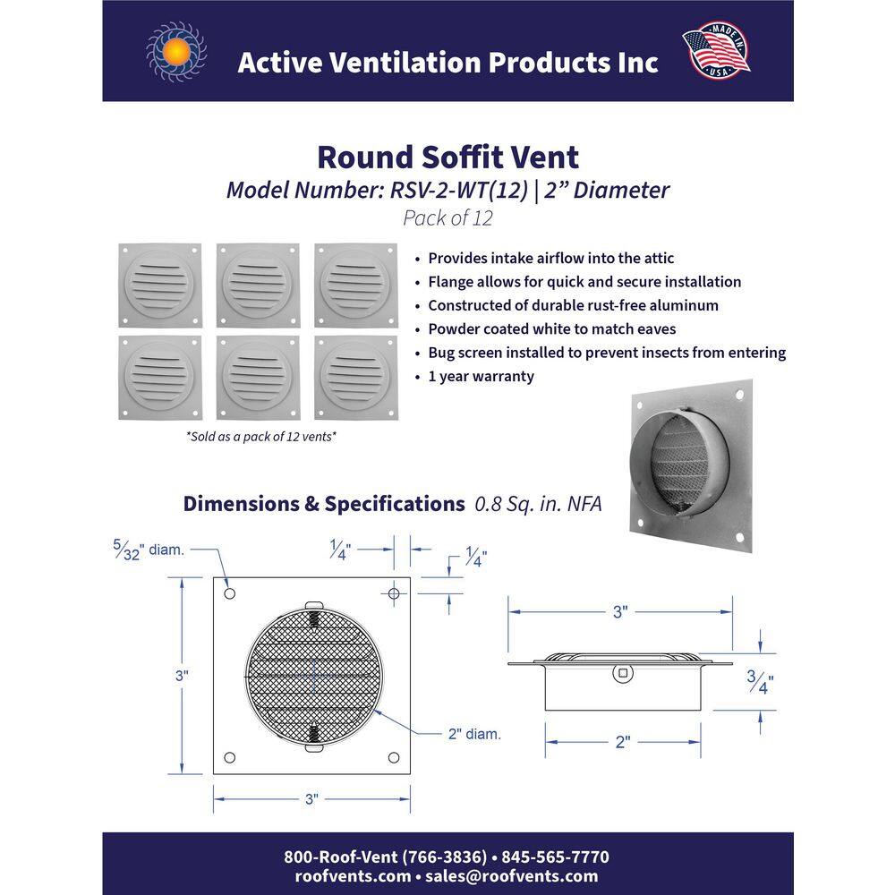 Active Ventilation 2 in. Aluminum Round Soffit Vent in White (12-Pack) RSV-2-WT(12)