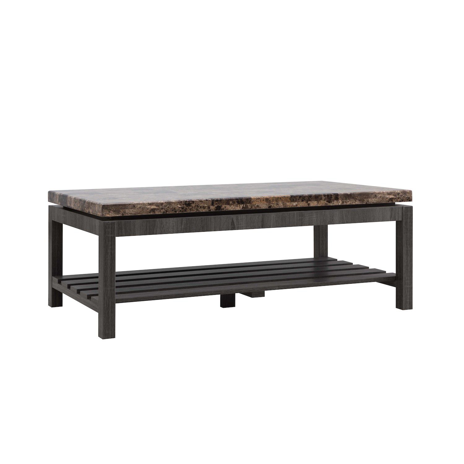 FC Design Faux Marble Black and Distressed Grey Coffee Table with Bottom Shelf