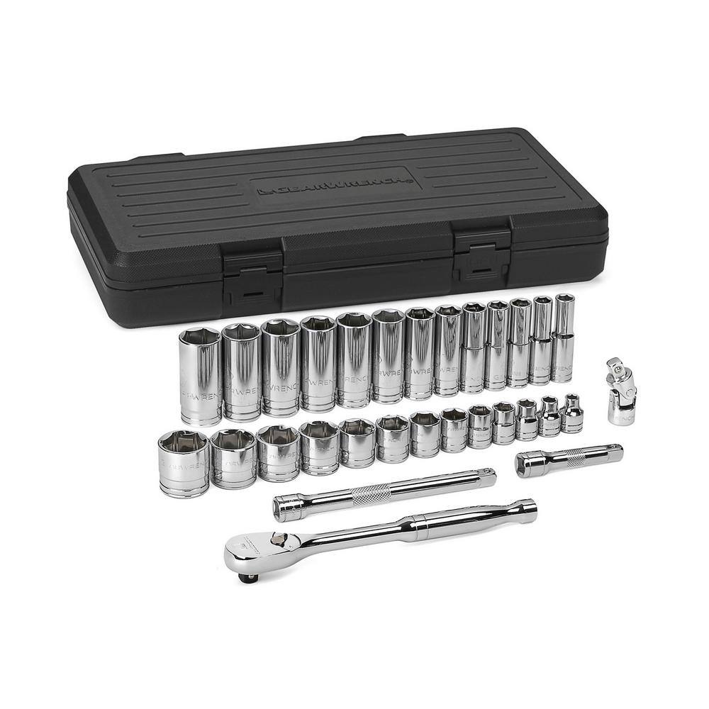 GEARWRENCH 38 in. Drive 6-Point Standard  Deep SAE 90-Tooth Ratchet and Socket Mechanics Tool Set (30-Piece) 80569