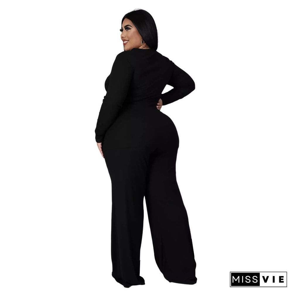 Knitted Bandage T Shirt Wide Leg Pants Plus Size Set