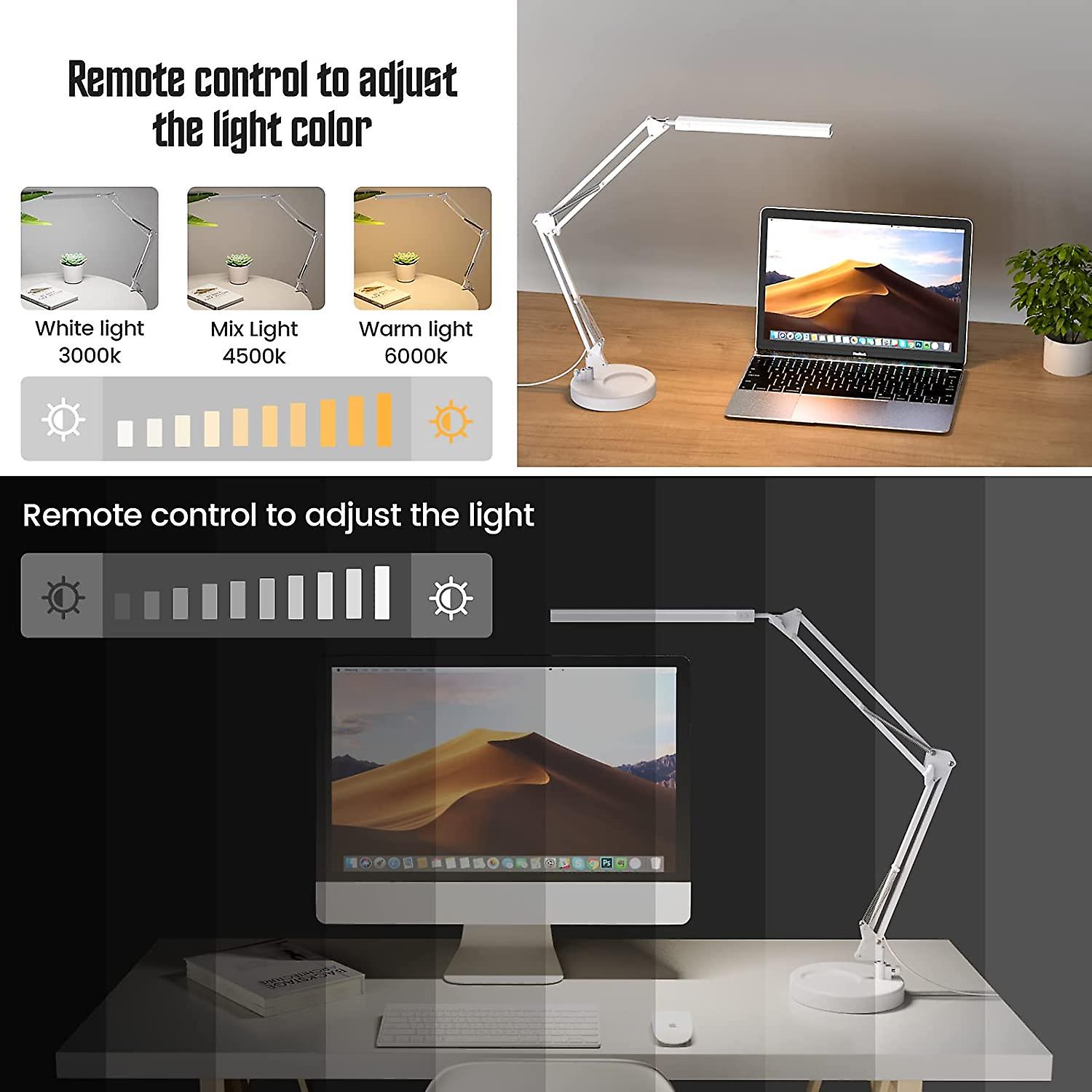 Led Desk Lamp With Clamp And Round Base，eye Caring Table Lamp With Swing Arm，3 Color Modes 10 Brightness Levels，memory Function Bedside Lamp，white Des