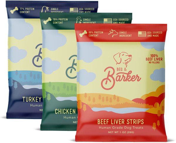 Beg and Barker The Beef and His Bird Variety Pack Chicken， Turkey and Beef Liver Dog Jerky Treats