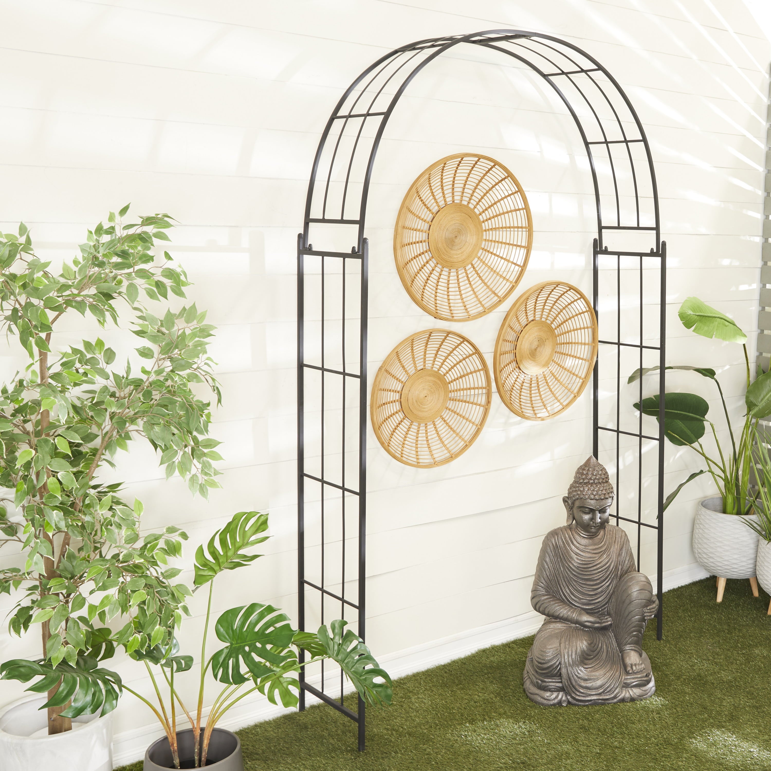 DecMode 91" Indoor Outdoor Arched Black Metal Garden Arbor with Lattice Work Sides