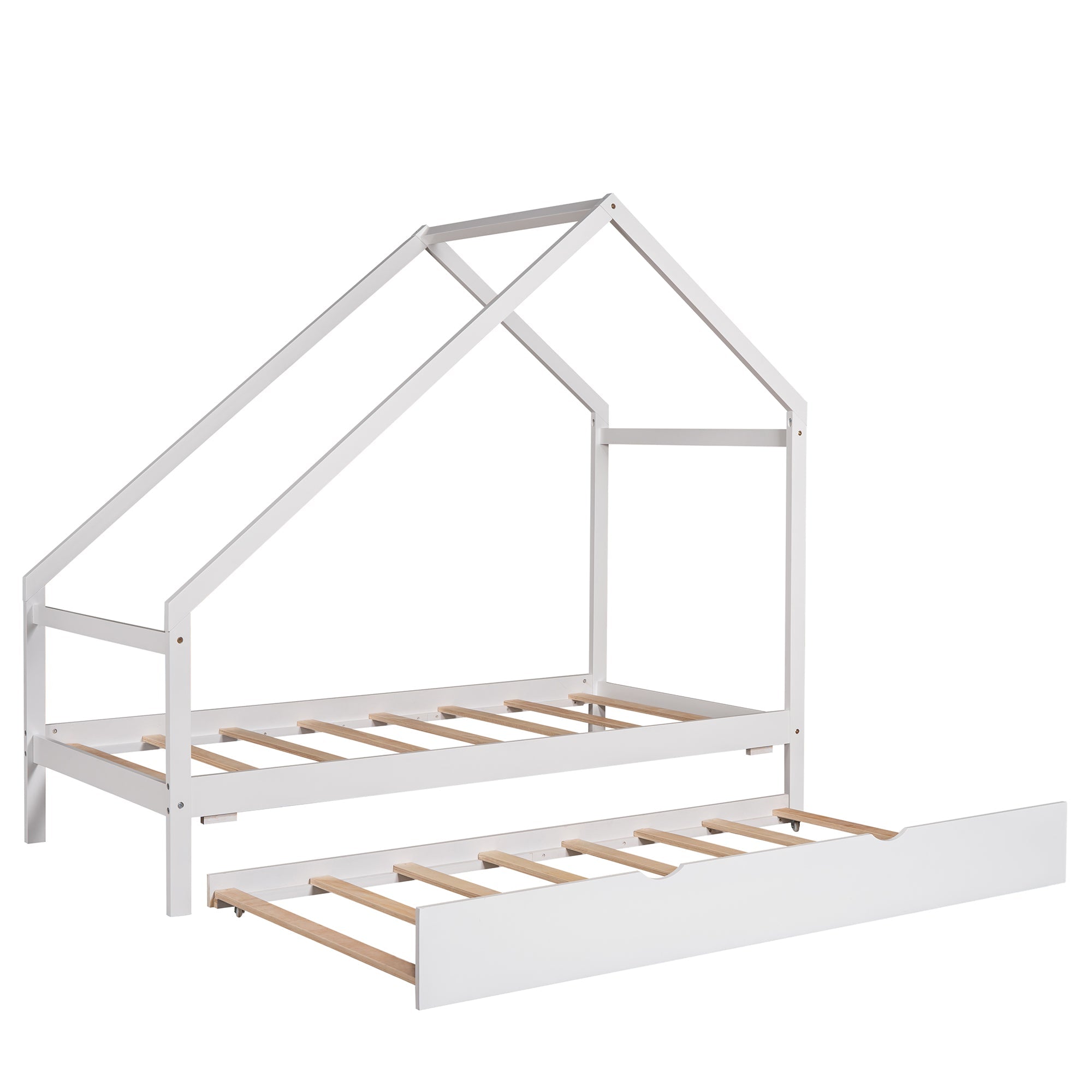 Twin House Bed with Twin Trundle, Wood Floor House Bed Frame for Kids, Boys and Girls, No Box Spring Required, White