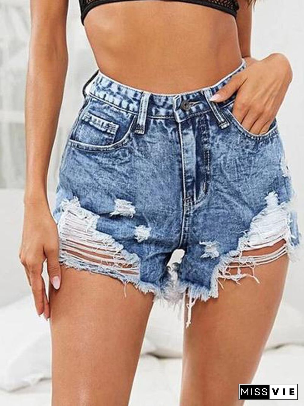 Solid High Waist Ripped Denim Shorts P15148