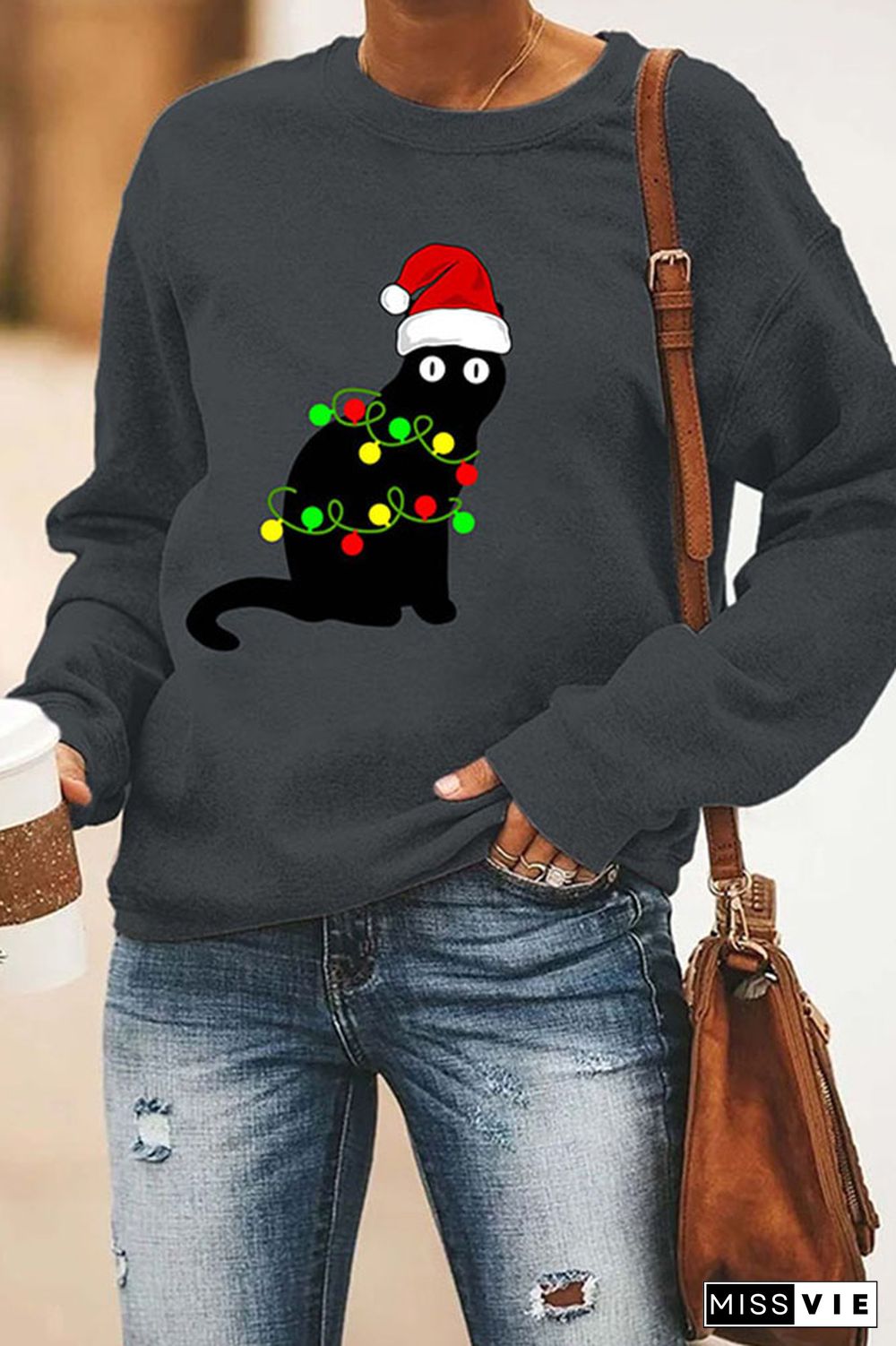 Black Santa Cat Tangled Up In Lights Christmas Santa Sweatshirt Wholesale