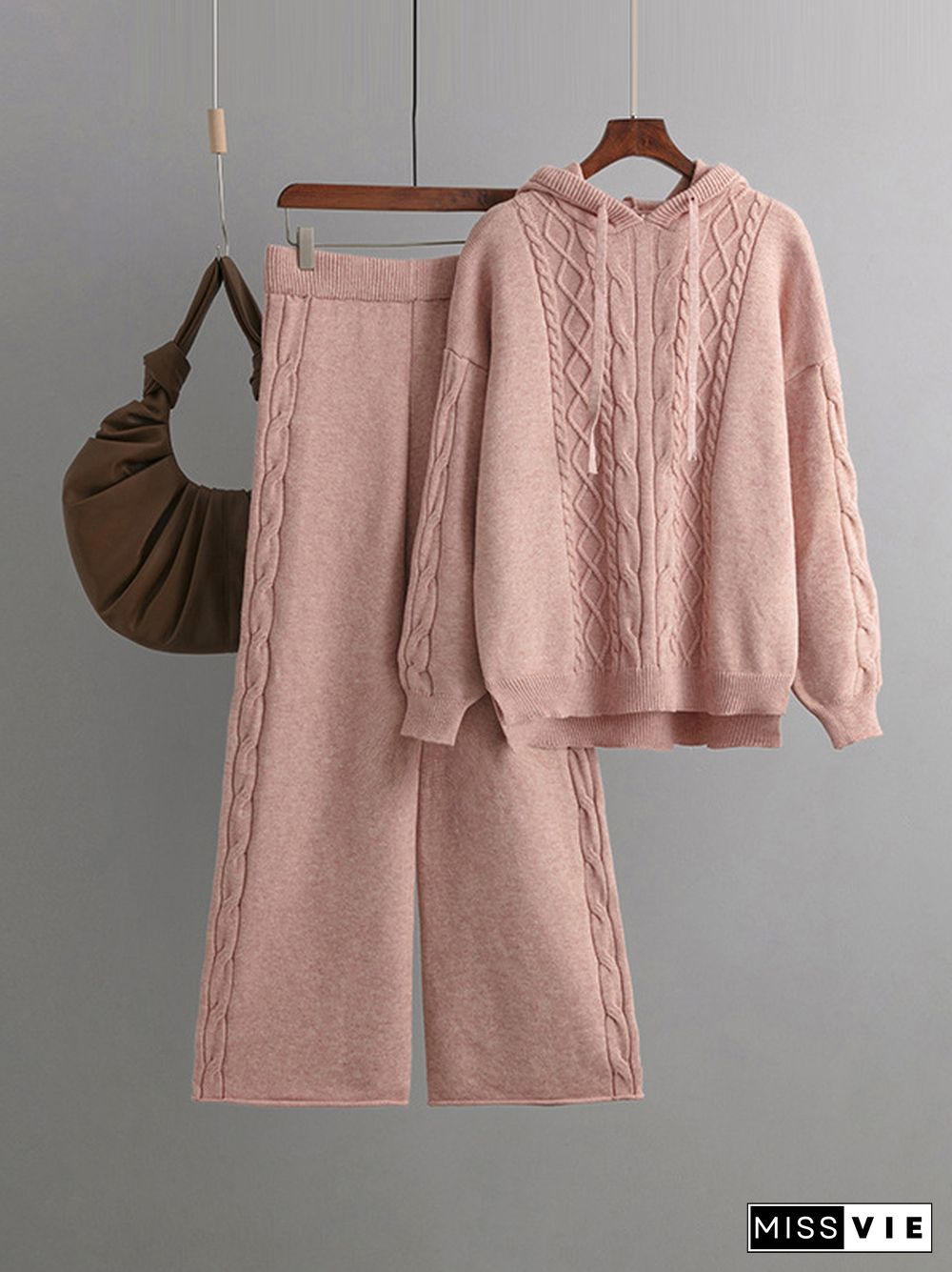 Urban Loose Solid Color Hooded High-Low Sweater Tops & Wide Leg Pants Two Pieces Set