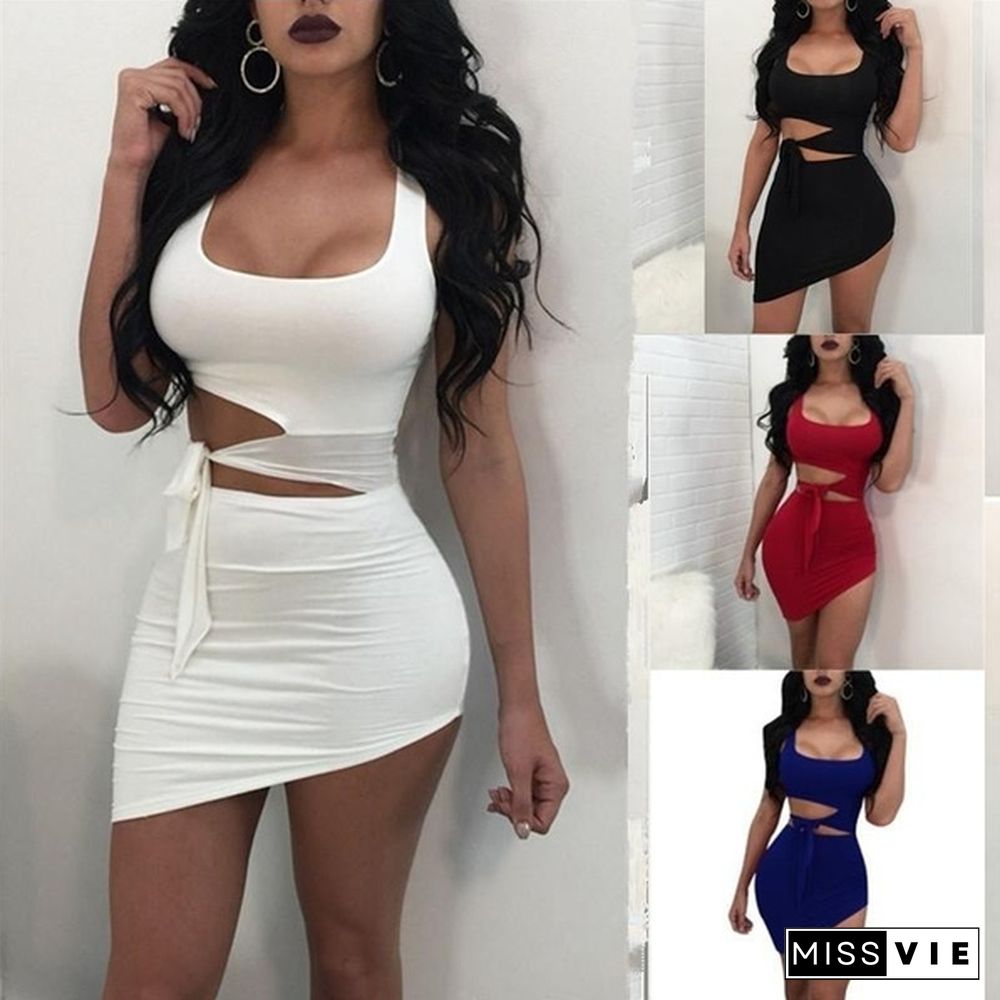 Sexy Women Sleeveless Slip Crop tops Hollow Out Bodycon Irregular Mini Dress