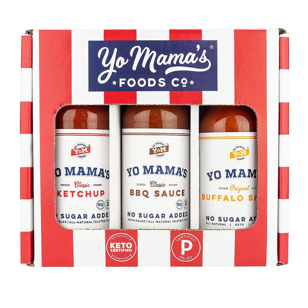 Yo Mama's Foods Grilling Keto Gift Set - Includes (1 ) Buffalo Sauce， (1) Classic Ketchup， (1 ) BBQ Sauce - Keto-Paleo - All-Natural - Gluten-Free and made from Fresh Ingredients