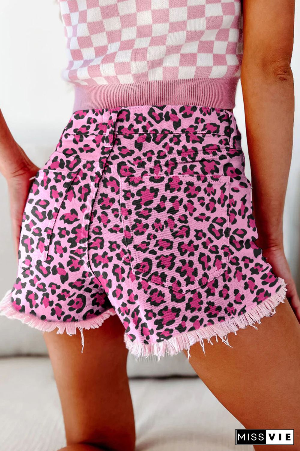 Pink Leopard Print Raw Hem Denim Shorts